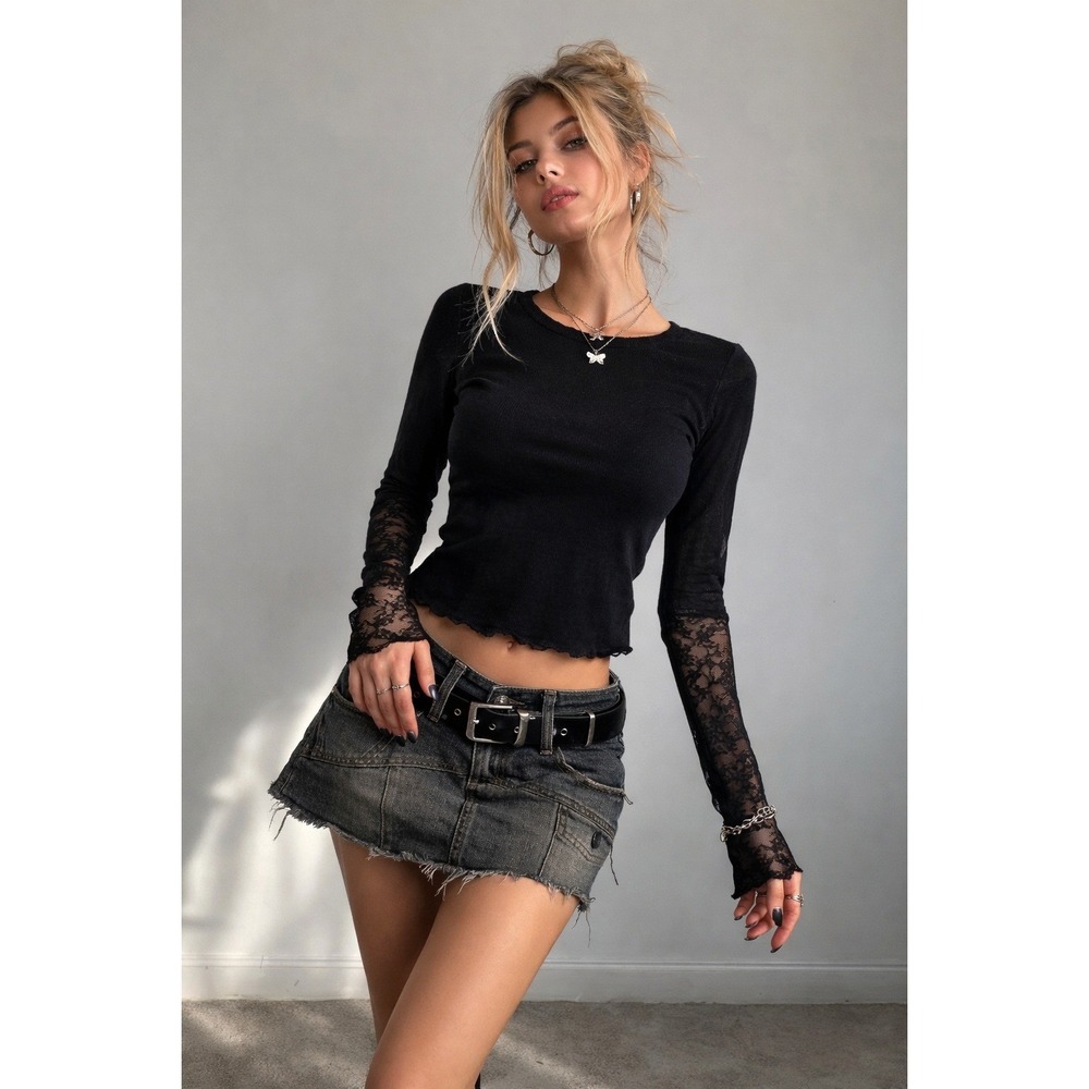 On Gossamer Y2K Grunge Black Mesh Top Lace Cuffs Lettuce Hem  One‎ Size OS